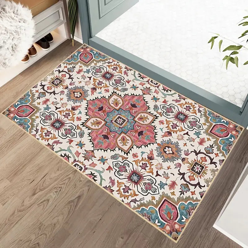 Pink Faux Wool Floral Area Rug - Washable Non-Slip Mat