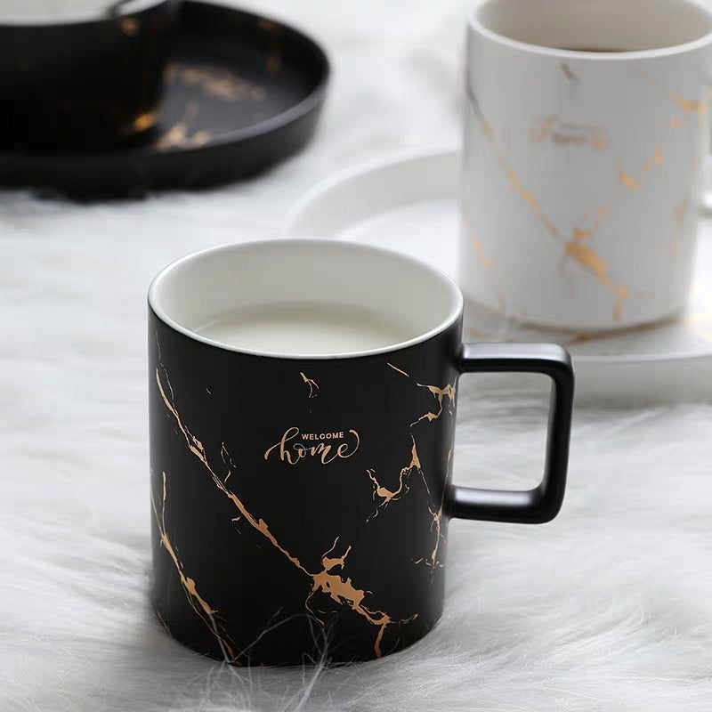 Nordic Gold Trim Ceramic Mug with Saucer for Office