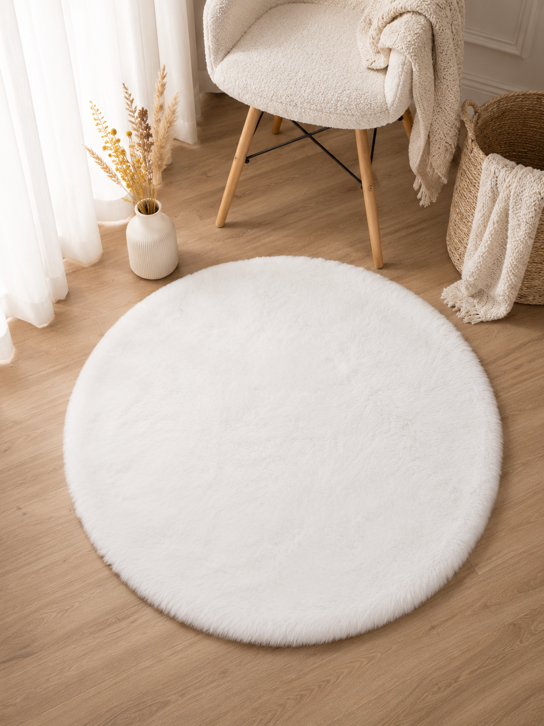 Tapis Rond Imitation Fourrure Ultra Doux – Blanc