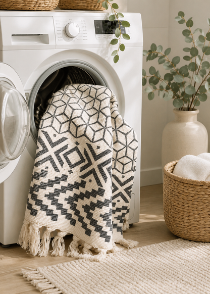 Tapis Bohème en Coton avec Pompons – Décoration Intérieure