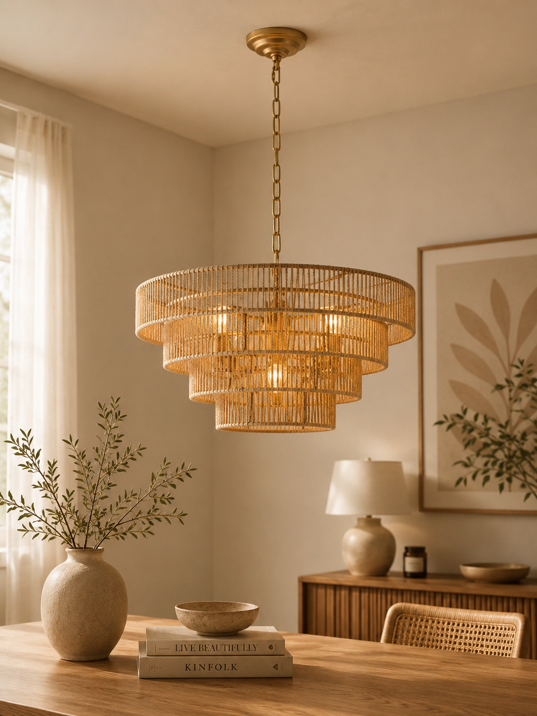 Lustre en Rotin Tressé Bohème 4 Niveaux | Suspension Design Naturelle