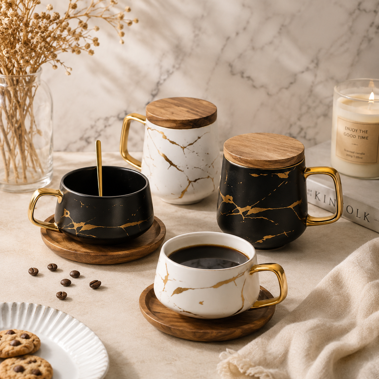 Tasse en Céramique Marbrée Nordique avec Sous-Tasse et Couvercle