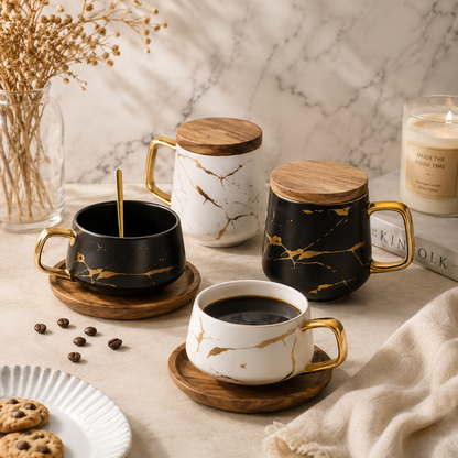Tasse en Céramique Marbrée Nordique avec Sous-Tasse et Couvercle