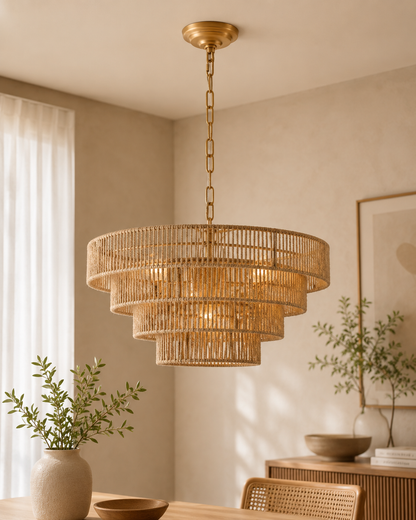 Lustre en Rotin Tressé Bohème 4 Niveaux | Suspension Design Naturelle