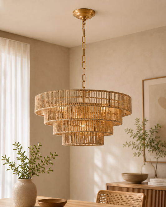 Lustre en Rotin Tressé Bohème 4 Niveaux | Suspension Design Naturelle