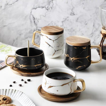 Nordic Gold Trim Ceramic Mug with Saucer for Office