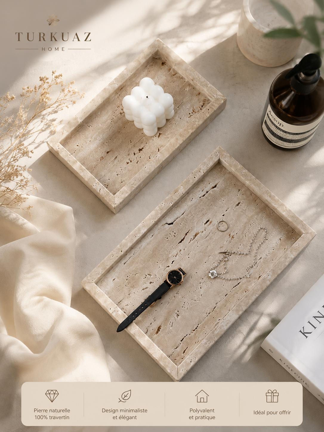 Plateau Décoratif en Travertin Naturel – Porte-Parfum, Bougies & Bijoux | Style Wabi-Sabi