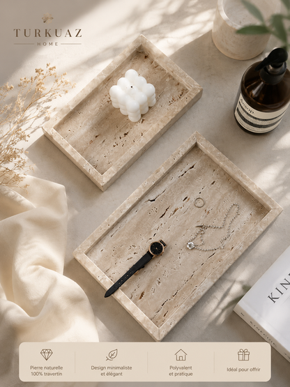 Plateau Décoratif en Travertin Naturel – Porte-Parfum, Bougies & Bijoux | Style Wabi-Sabi