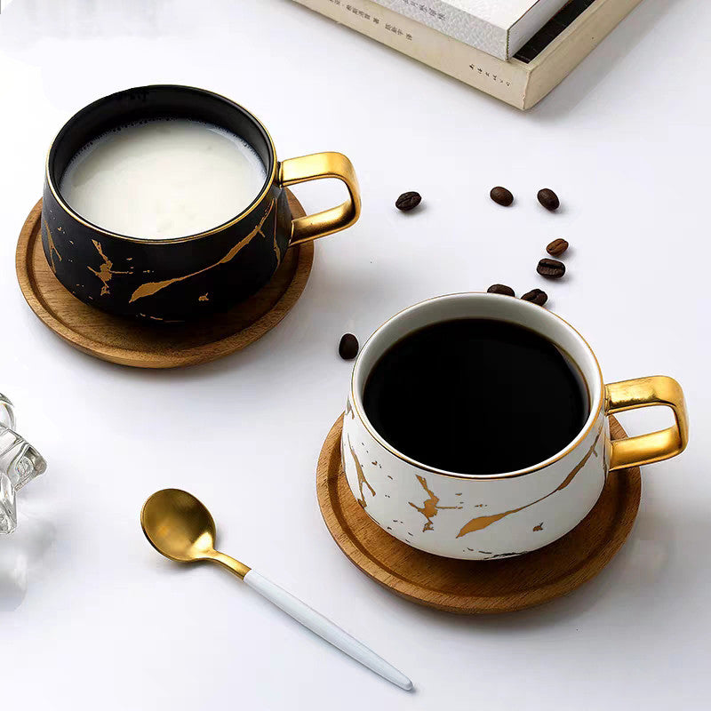 Nordic Gold Trim Ceramic Mug with Saucer for Office