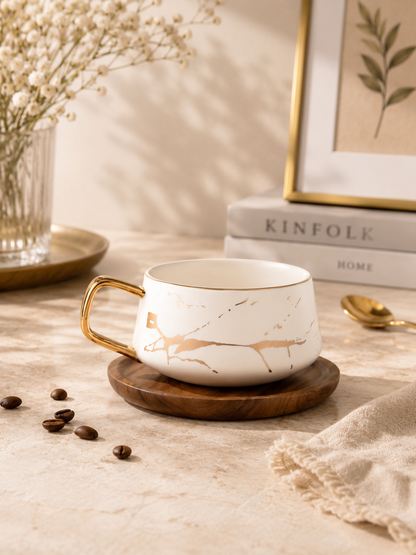 Tasse en Céramique Marbrée Nordique avec Sous-Tasse et Couvercle