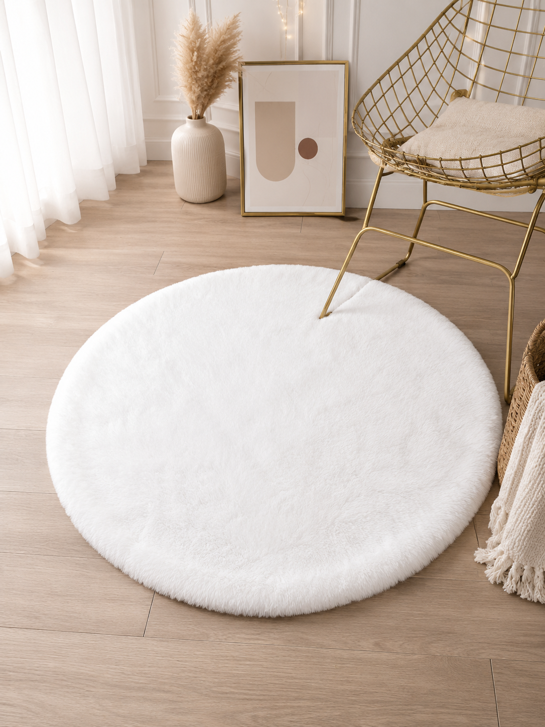 Tapis Rond Imitation Fourrure Ultra Doux – Blanc