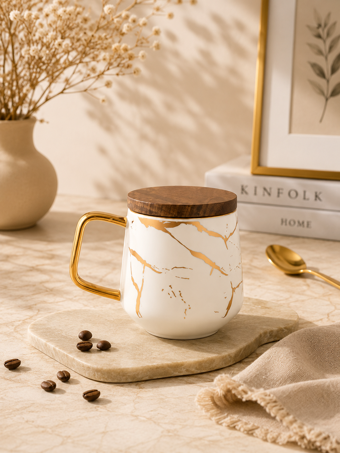 Tasse en Céramique Marbrée Nordique avec Sous-Tasse et Couvercle