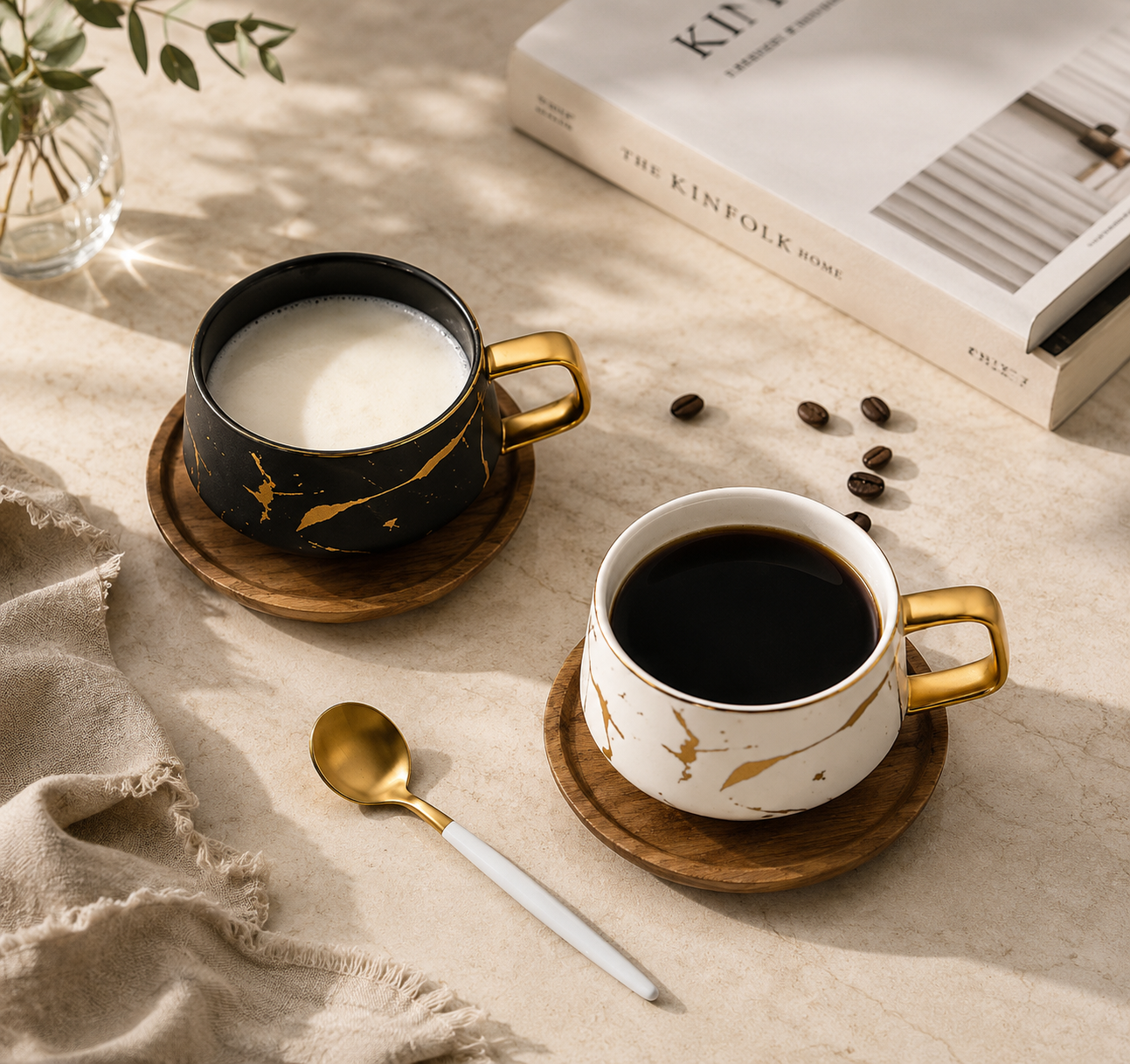 Tasse en Céramique Marbrée Nordique avec Sous-Tasse et Couvercle