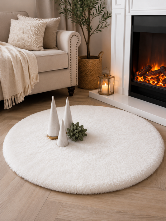 Tapis Rond Imitation Fourrure Ultra Doux – Blanc