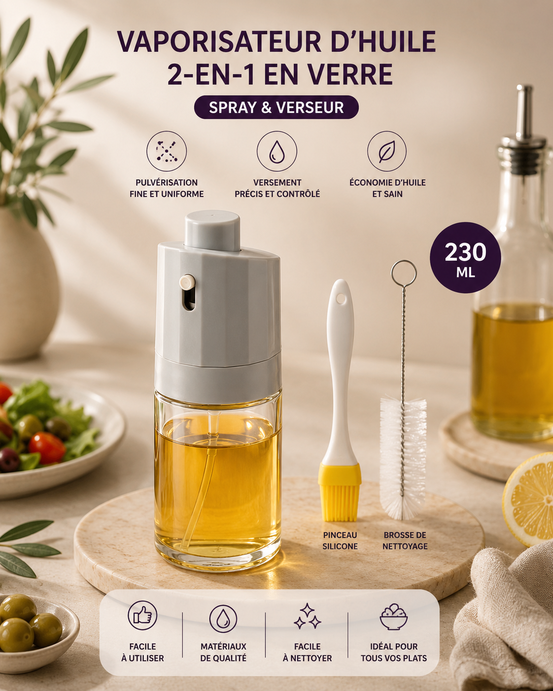 Vaporisateur d’Huile 2-en-1 en Verre – Spray & Verseur pour Cuisine