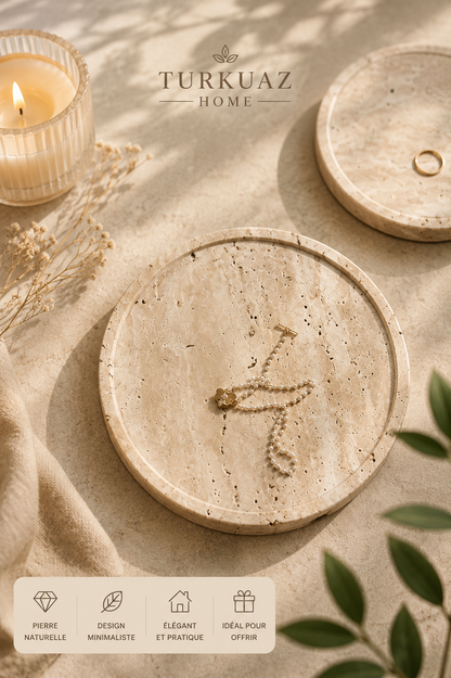 Plateau Décoratif en Travertin Naturel – Porte-Parfum, Bougies & Bijoux | Style Wabi-Sabi