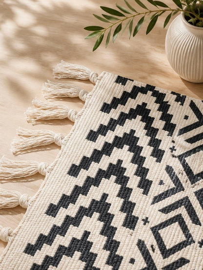 Tapis Bohème en Coton avec Pompons – Décoration Intérieure