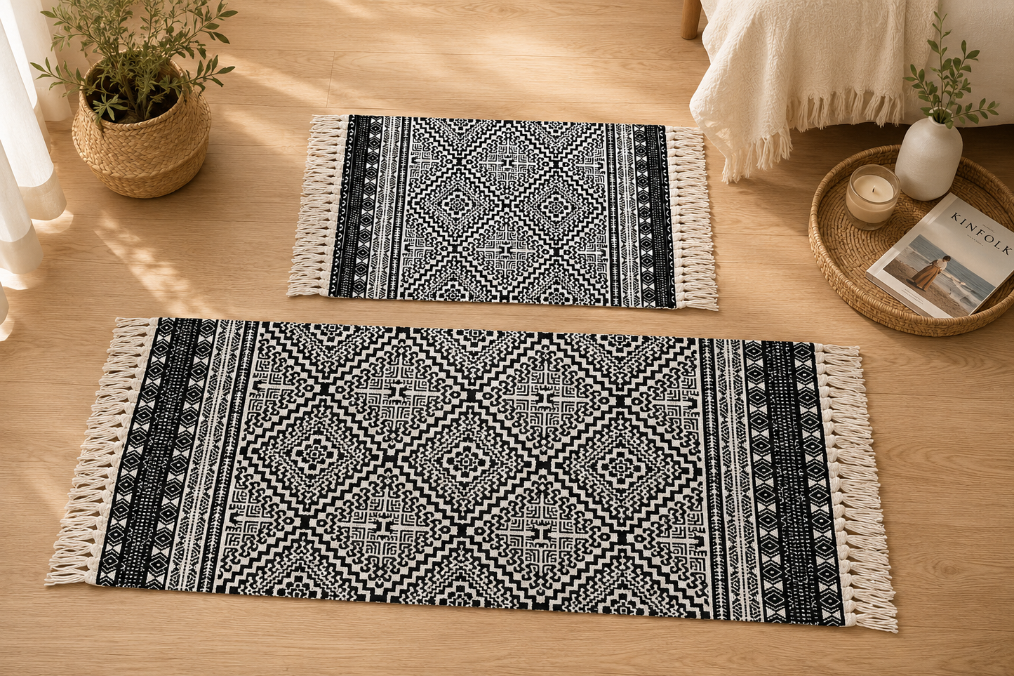 Tapis Bohème Noir & Blanc à Franges