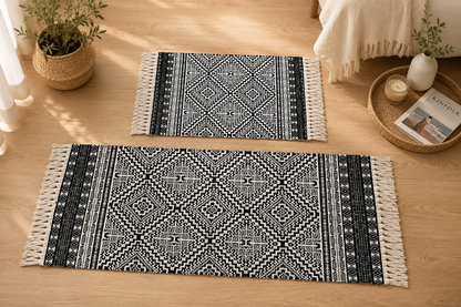 Tapis Bohème Noir & Blanc à Franges