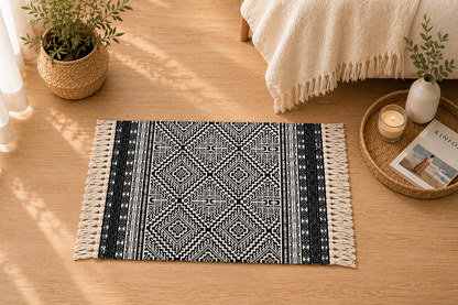 Tapis Bohème Noir & Blanc à Franges