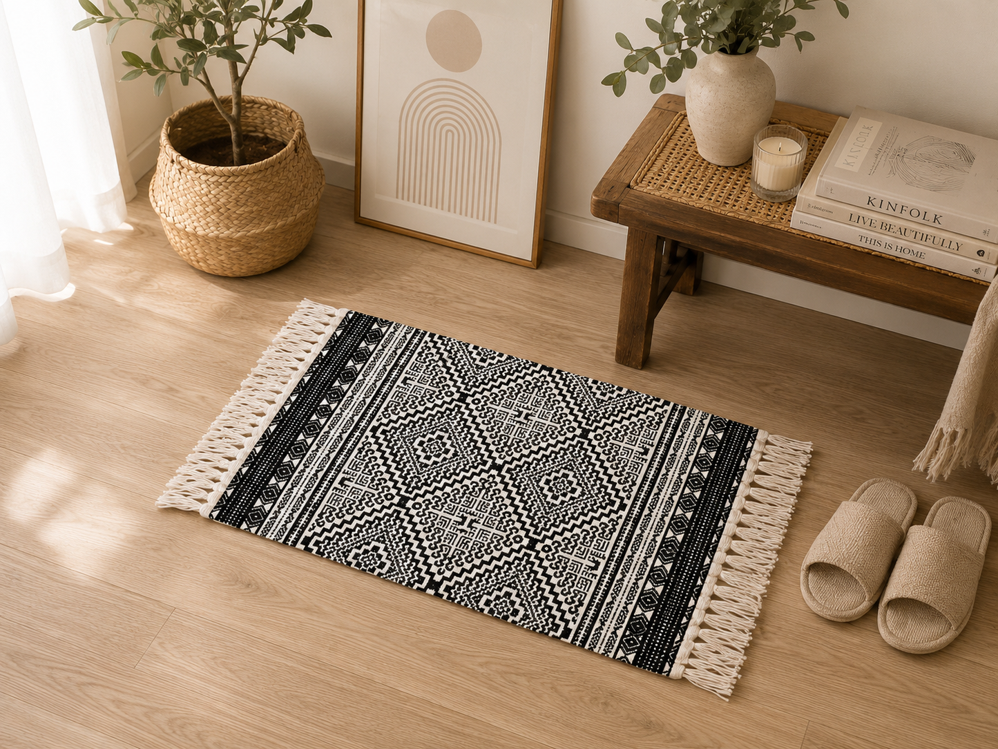 Tapis Bohème Noir & Blanc à Franges