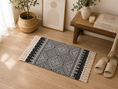 Tapis Bohème Noir & Blanc à Franges