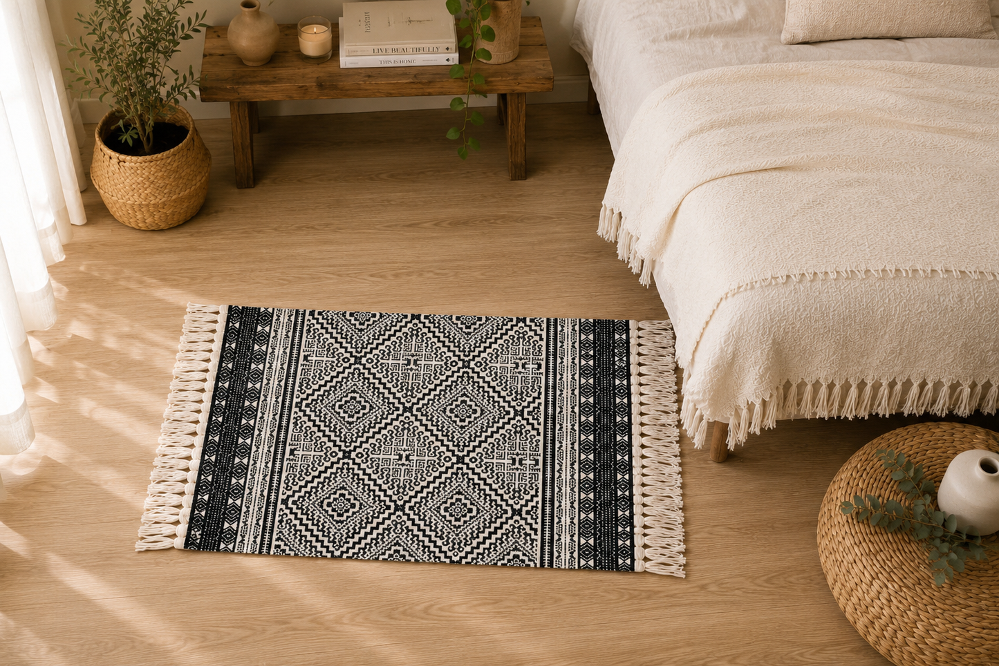 Tapis Bohème Noir & Blanc à Franges