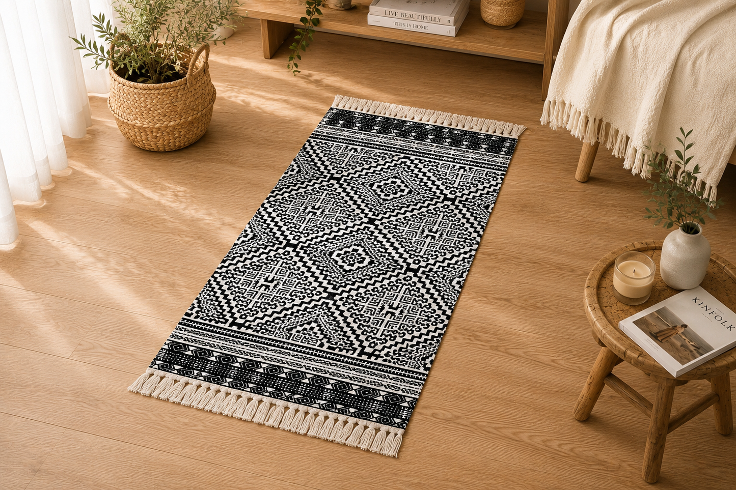 Tapis Bohème Noir & Blanc à Franges
