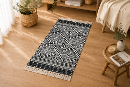 Tapis Bohème Noir & Blanc à Franges