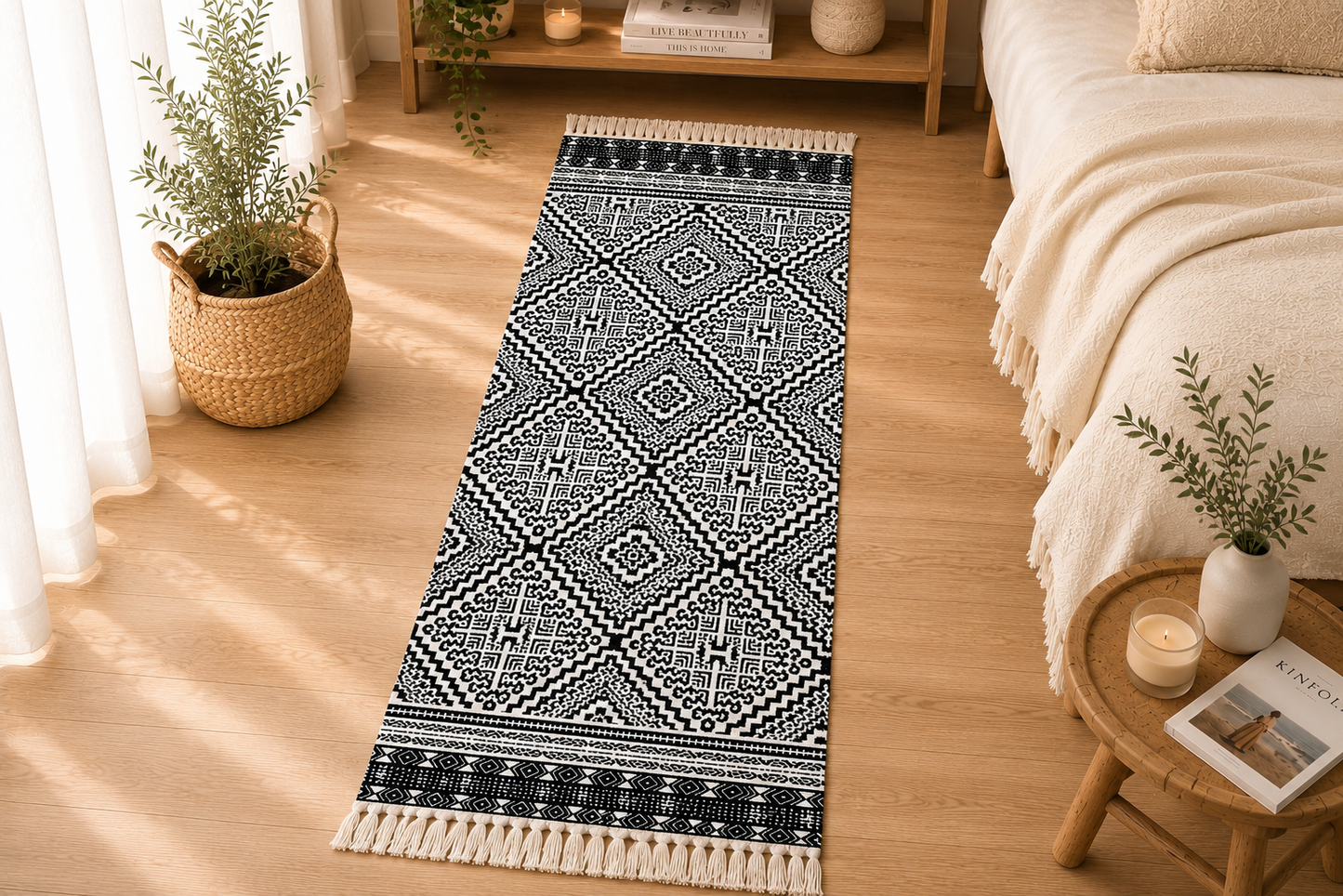 Tapis Bohème Noir & Blanc à Franges