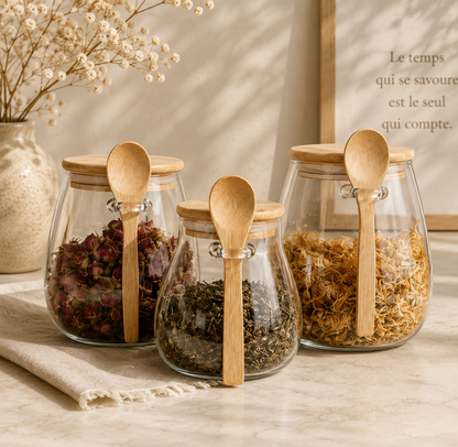 Pot Hermétique en Verre avec Couvercle en Bambou – Rangement Élégant pour Épices, Thé & Aliments
