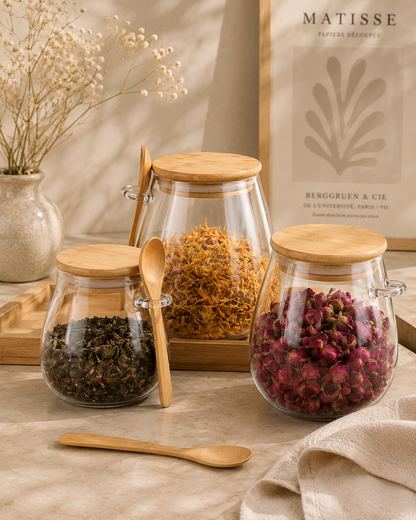 Pot Hermétique en Verre avec Couvercle en Bambou – Rangement Élégant pour Épices, Thé & Aliments