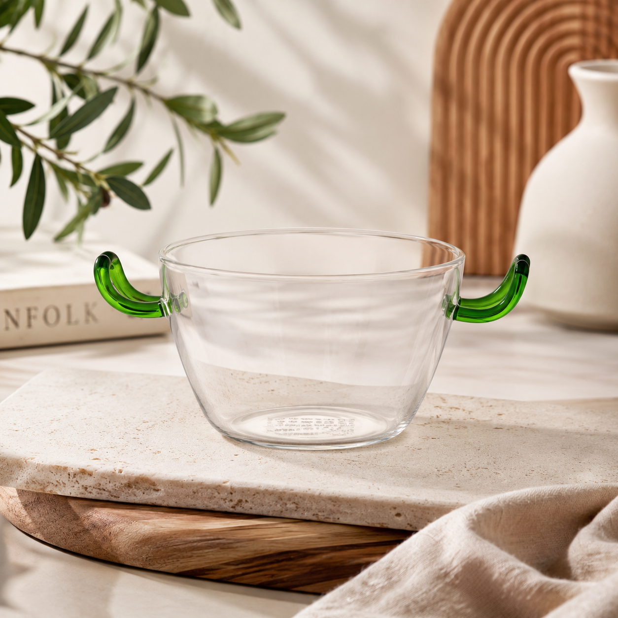 Bol en verre borosilicate résistant à la chaleur – Design nordique avec poignées vertes