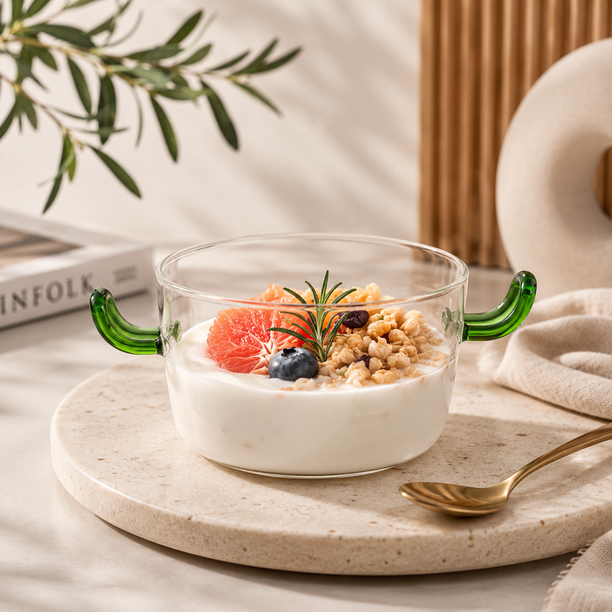 Bol en verre borosilicate résistant à la chaleur – Design nordique avec poignées vertes