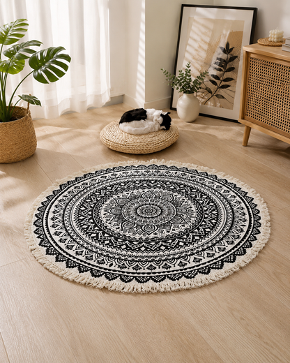 Tapis Rond Bohème Mandala en Coton – Avec Pompons