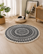 Tapis Rond Bohème Mandala en Coton – Avec Pompons