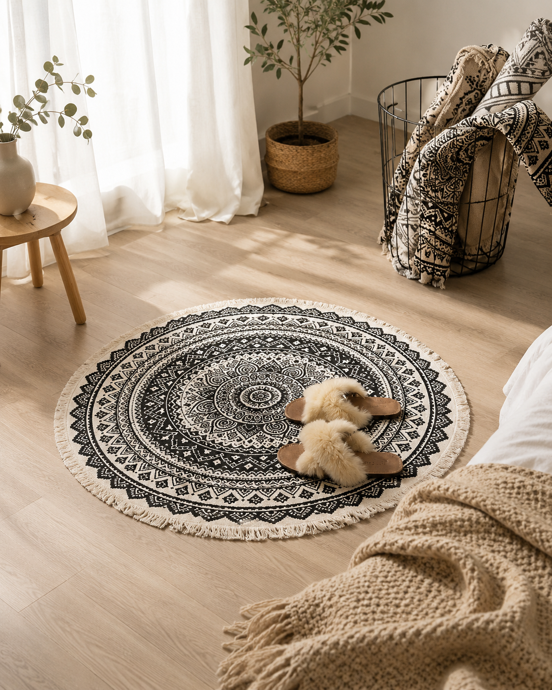 Tapis Rond Bohème Mandala en Coton – Avec Pompons