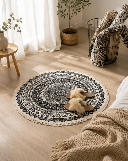 Tapis Rond Bohème Mandala en Coton – Avec Pompons