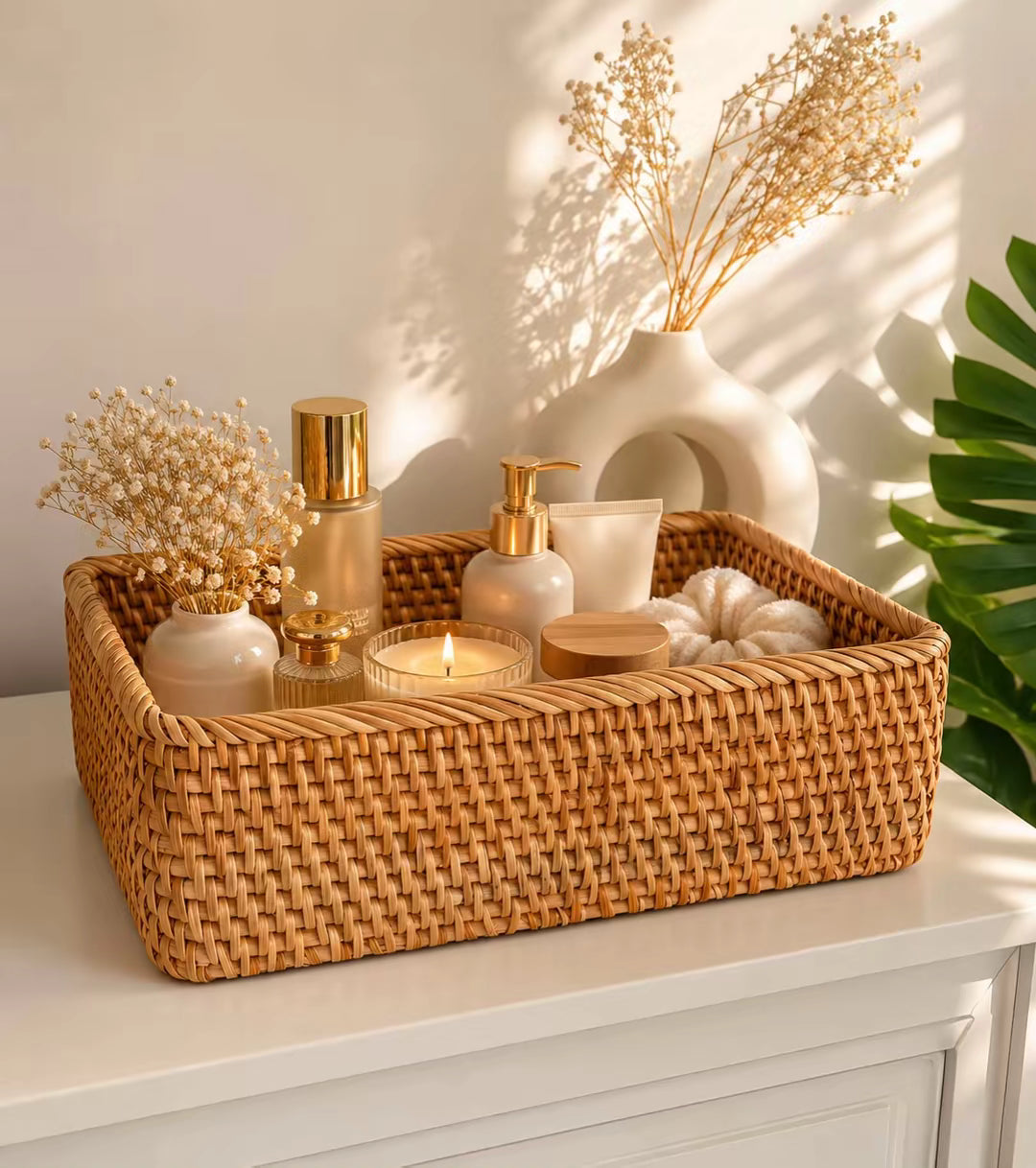 Panier Rotin Rectangulaire Tissé Main - Rangement Bohème