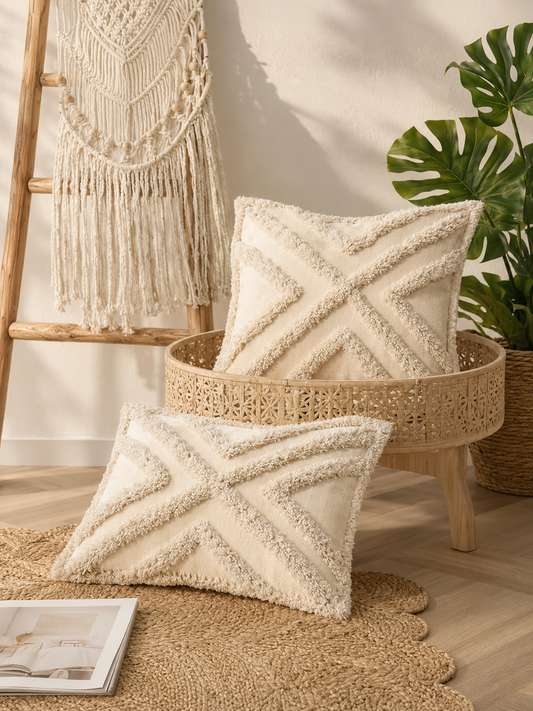 Housse de Coussin Bohème à Reliefs et Pompons – Collection Berber Chic