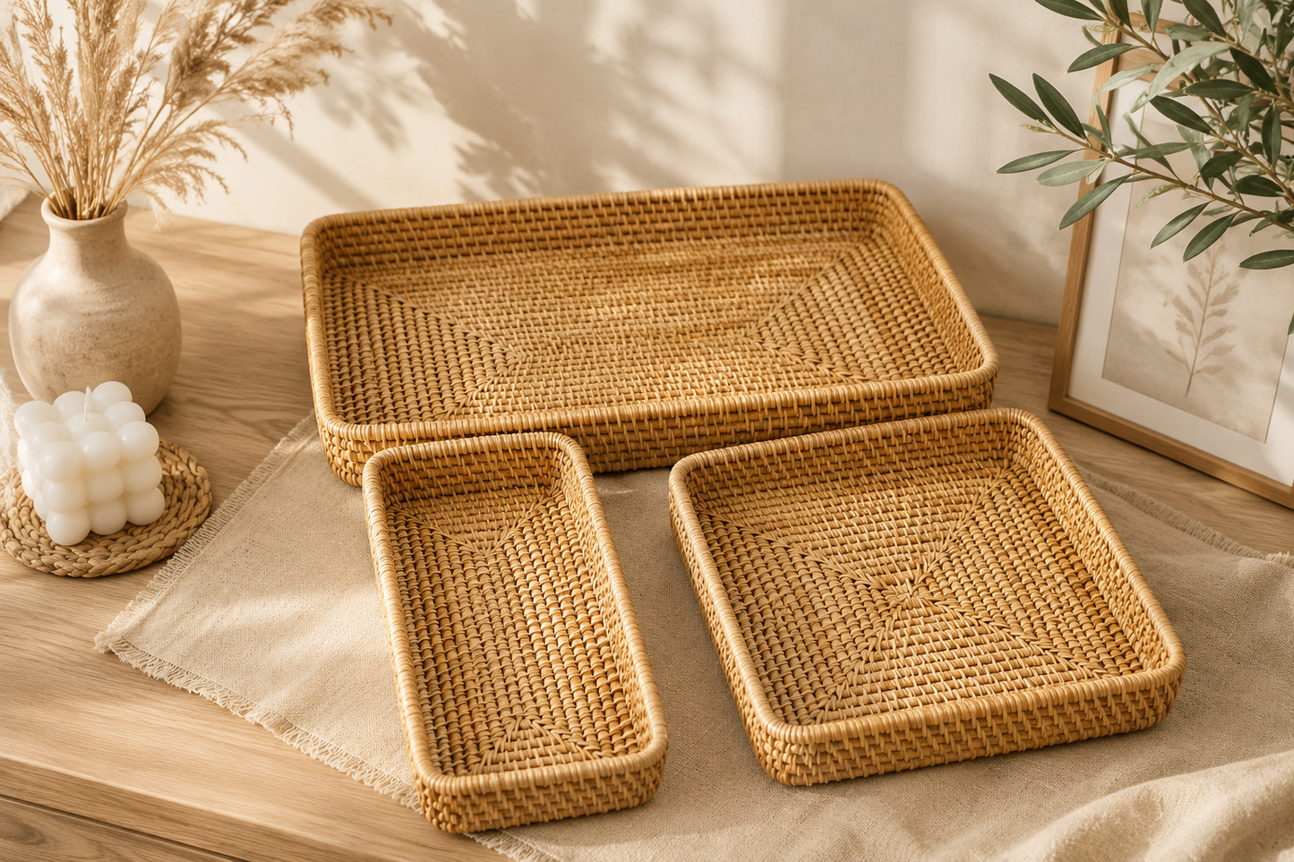 Plateau de Rangement en Rotin Tressé – Collection Minimaliste Japandi
