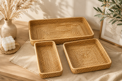Plateau de Rangement en Rotin Tressé – Collection Minimaliste Japandi
