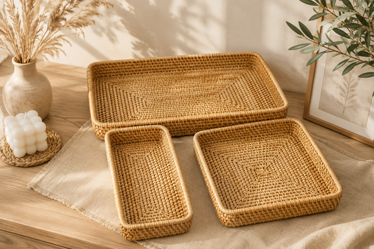 Plateau de Rangement en Rotin Tressé – Collection Minimaliste Japandi
