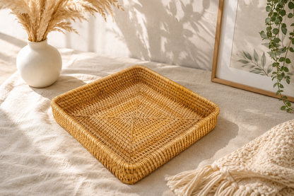 Plateau de Rangement en Rotin Tressé – Collection Minimaliste Japandi