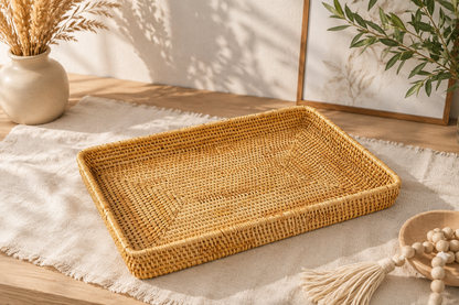 Plateau de Rangement en Rotin Tressé – Collection Minimaliste Japandi