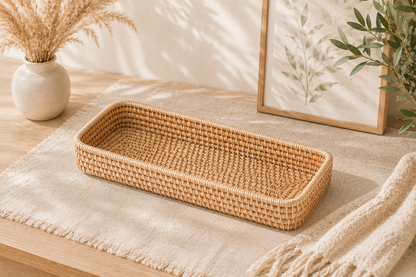 Plateau de Rangement en Rotin Tressé – Collection Minimaliste Japandi