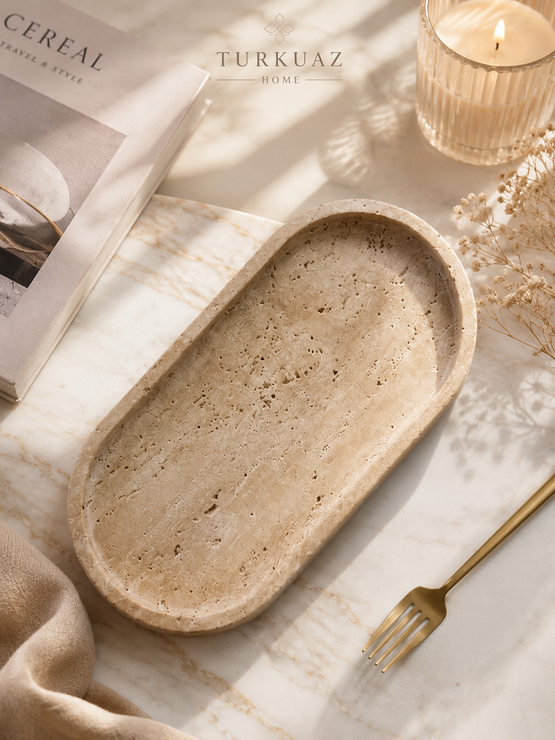 Plateau Décoratif en Travertin Naturel – Porte-Parfum, Bougies & Bijoux | Style Wabi-Sabi