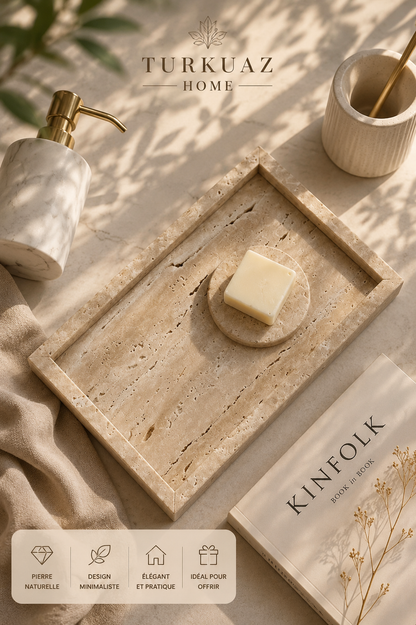 Plateau Décoratif en Travertin Naturel – Porte-Parfum, Bougies & Bijoux | Style Wabi-Sabi