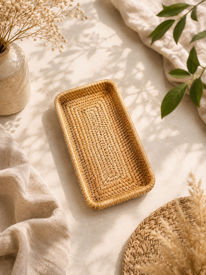 Plateau de Rangement en Rotin Tressé – Collection Minimaliste Japandi
