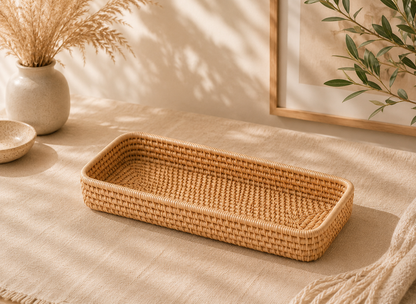 Plateau de Rangement en Rotin Tressé – Collection Minimaliste Japandi